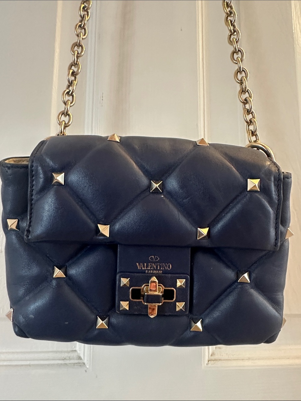 Valentino Garavani Navy Quilted Rockstud Chain Shoulder Bag with Gold Hardware